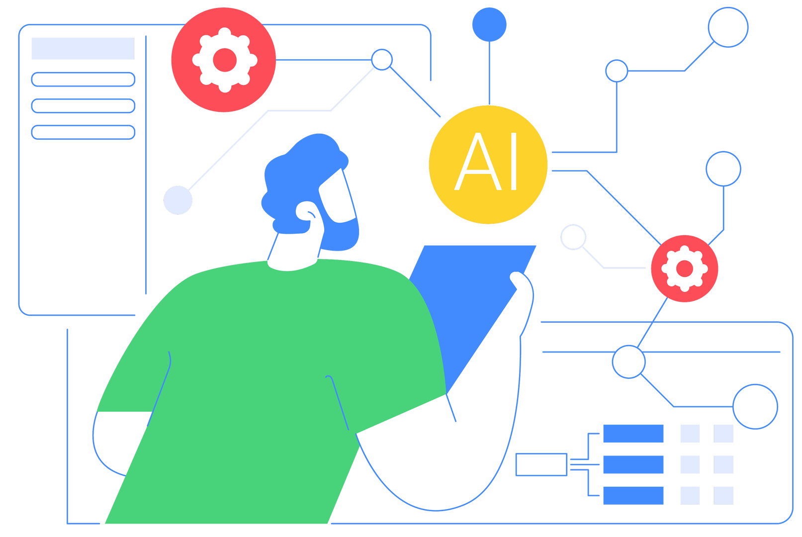 Ilustración sobre SEO y posicionamiento web mostrando análisis de datos, visibilidad en Google y optimización digital