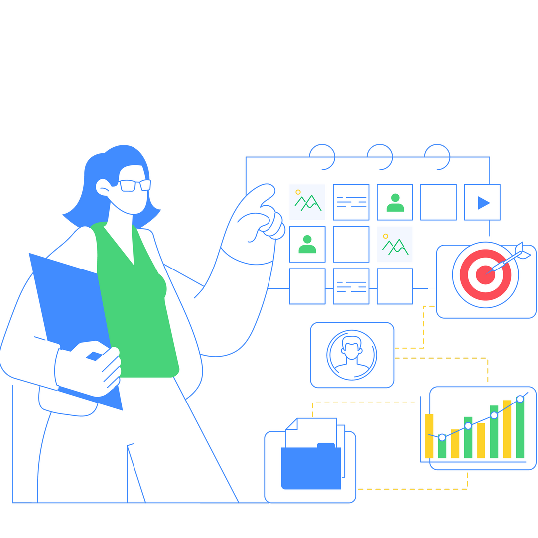 Gestión, auditoría y optimización continua de campañas digitales Ilustración sobre auditoría de activos digitales, testing de campañas y optimización continua de marketing online