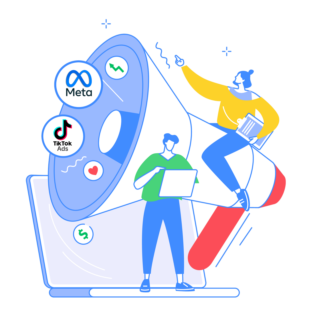 Ilustración de analítica digital y social media con computadora, gráficos y elementos de marketing en red