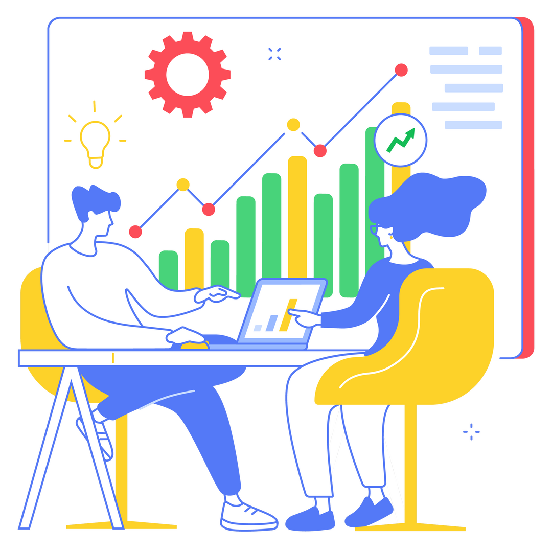 Ilustración de equipo trabajando en una estrategia de crecimiento web con gráficos, diseño digital y posicionamiento online