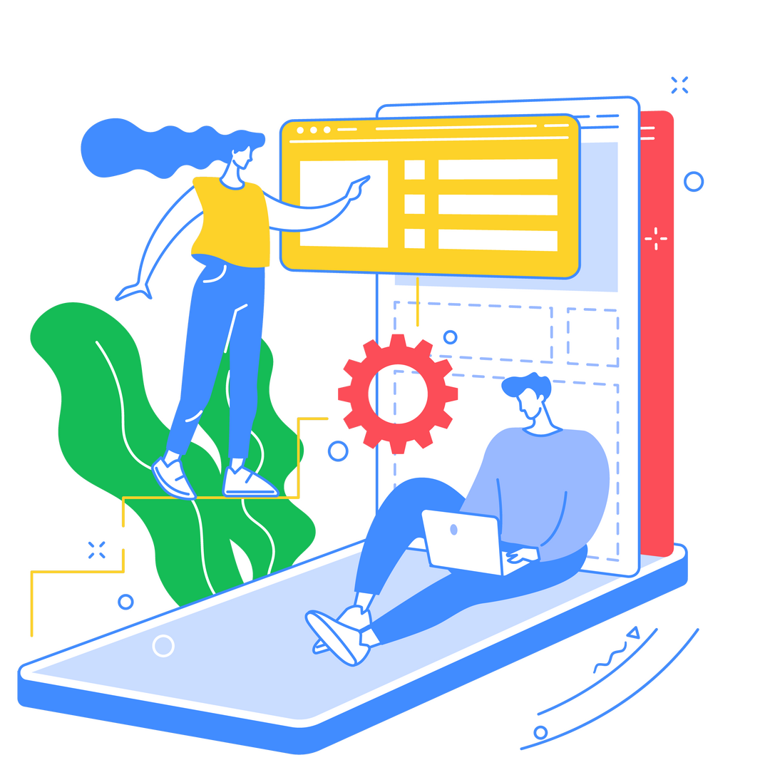 Desarrollo de web corporativa con equipo trabajando en diseño, estructura y optimización SEO en interfaz digital